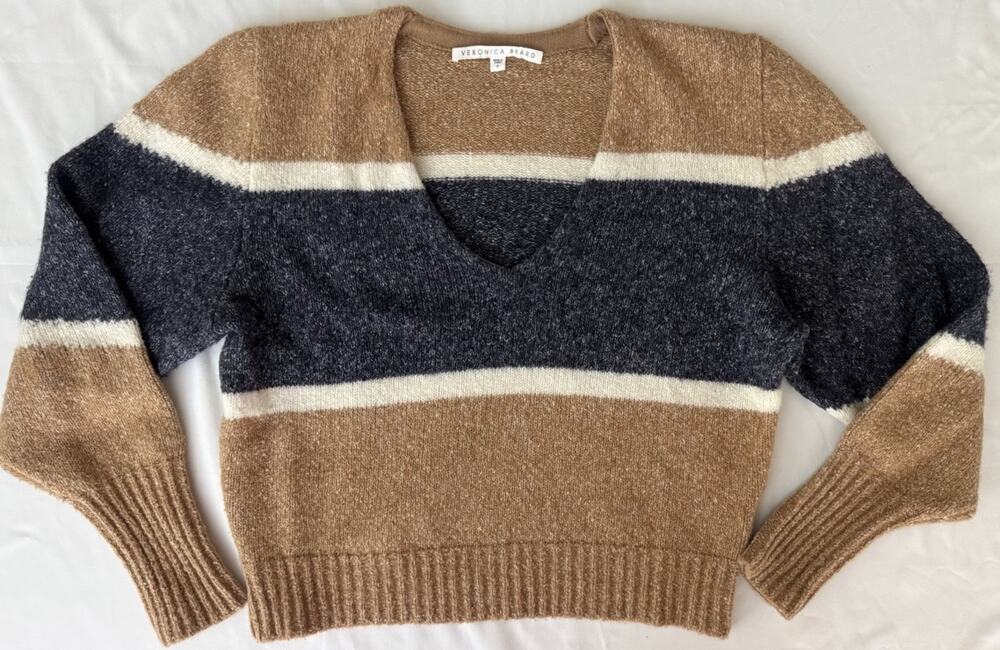 Veronica Beard Marley Sweater Tan Blue Relaxed Fit Baby Alpaca Merino Cashmere S